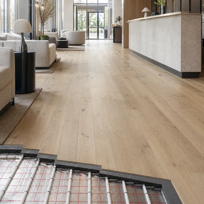 Wood veneer SPC flooring installed over radiant underfloor heating system