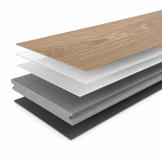 Cross-section diagram of wood veneer SPC flooring showing real hardwood veneer layer bonded to SPC core with PUR adhesive