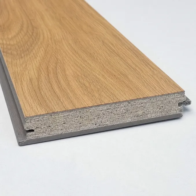 Wood veneer SPC flooring plank showing real hardwood surface layer over rigid SPC core