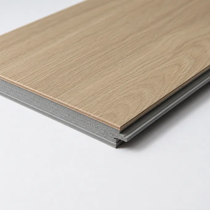 VSPC flooring plank showing real wood veneer surface over SPC rigid core — Elefloor factory-direct