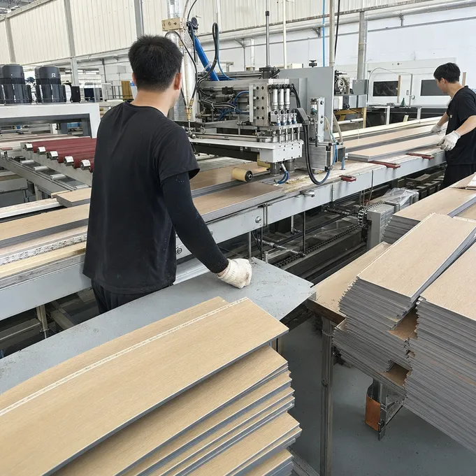 VSPC flooring manufacturing process — veneer bonding with PUR adhesive on SPC core at Elefloor factory