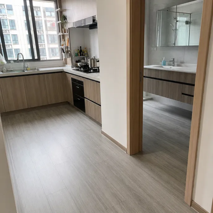VSPC flooring installed in residential kitchen and bathroom renovation