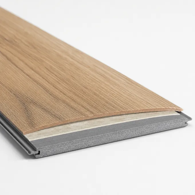 WSPC flooring plank showing sliced hardwood veneer surface on waterproof SPC rigid core