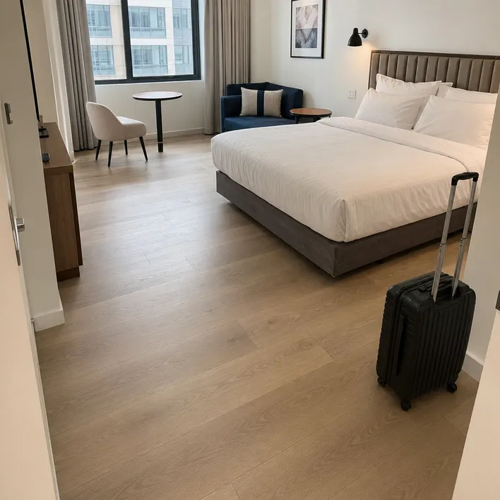 WSPC flooring with matte oil finish in boutique hotel room renovation showing premium appearance for hospitality use