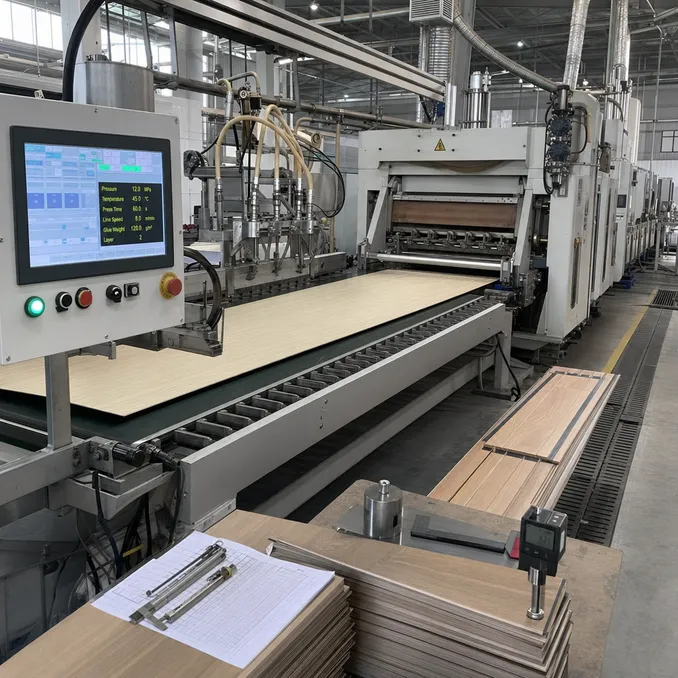 WSPC veneer lamination production line showing PUR adhesive application and press parameters
