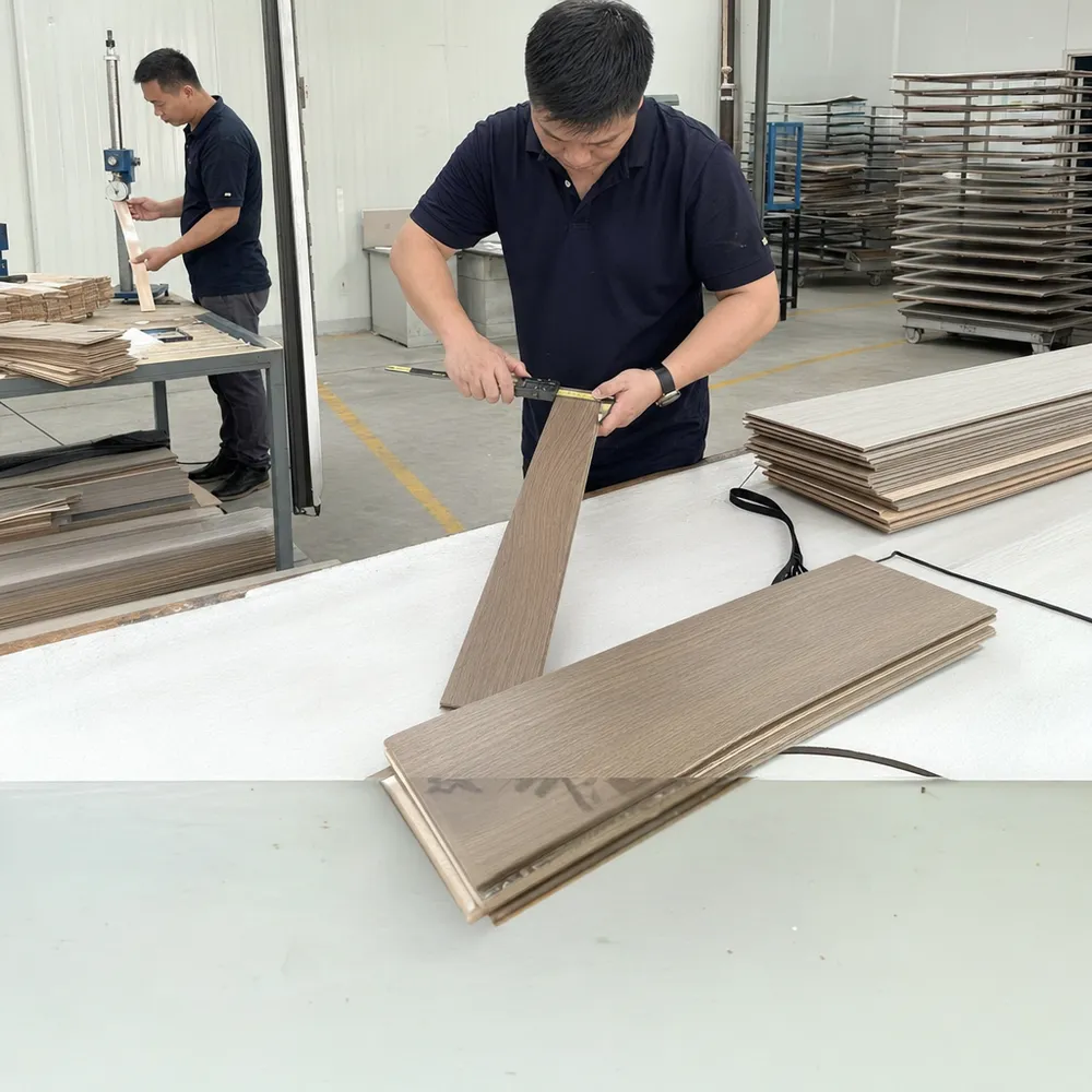 WSPC flooring quality inspection — veneer thickness measurement and lamination peel testing at Elefloor production facility