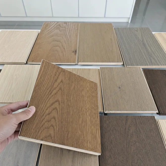 WSPC flooring sample boards showing real wood veneer surface with natural grain variation